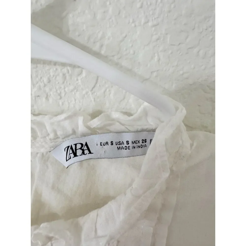 Zara Cotton Victorian Lace Trim Peplum Top White Long Sleeve Small